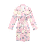 Japanese crane rose pattern Women's Long Sleeve Belted Night Robe