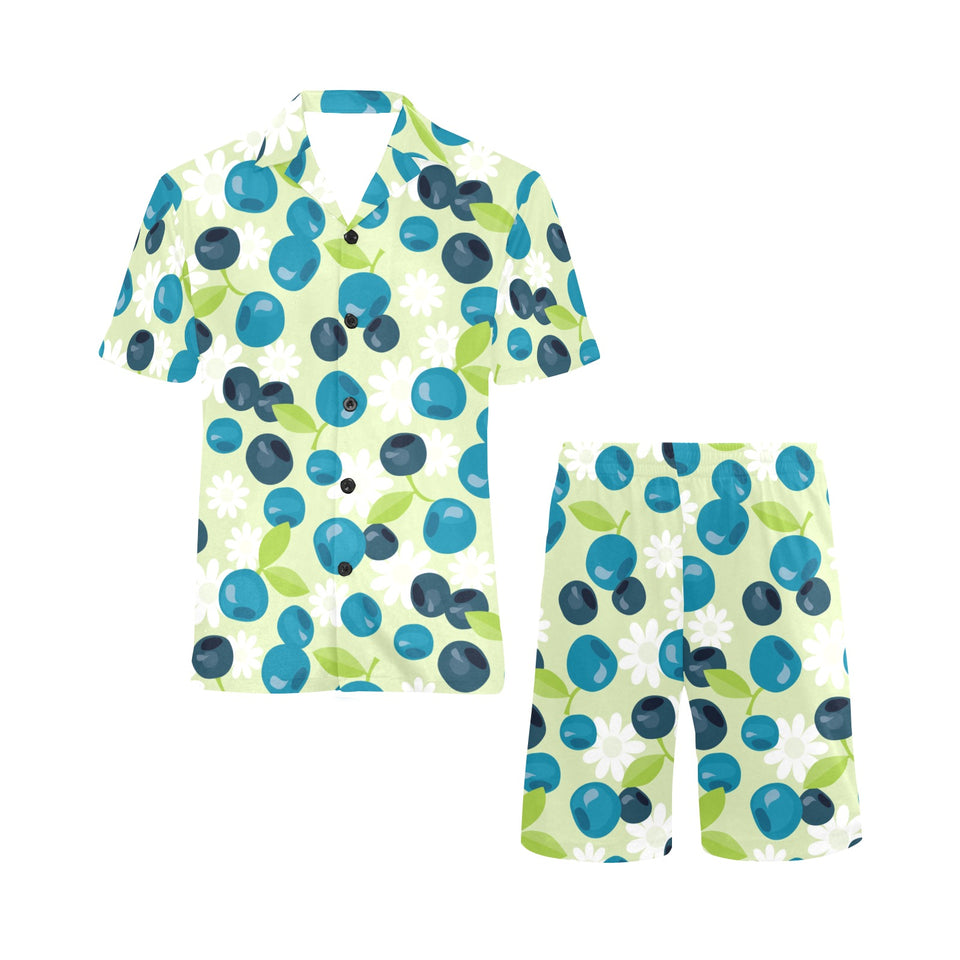 blueberry flower pattern Men's V-Neck Short Pajama Set
