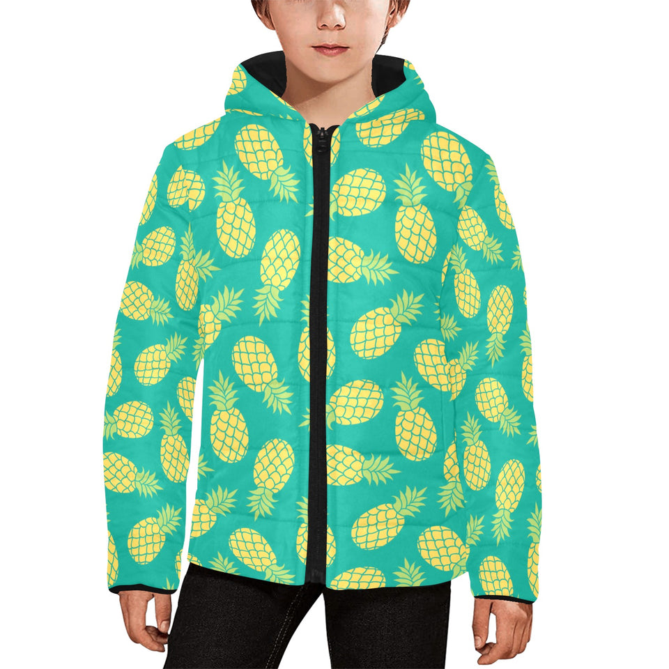 Pineapples pattern green background Kids' Boys' Girls' Padded Hooded Jacket