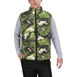 White orchid flower tropical leaves pattern blackg Men's Padded Vest