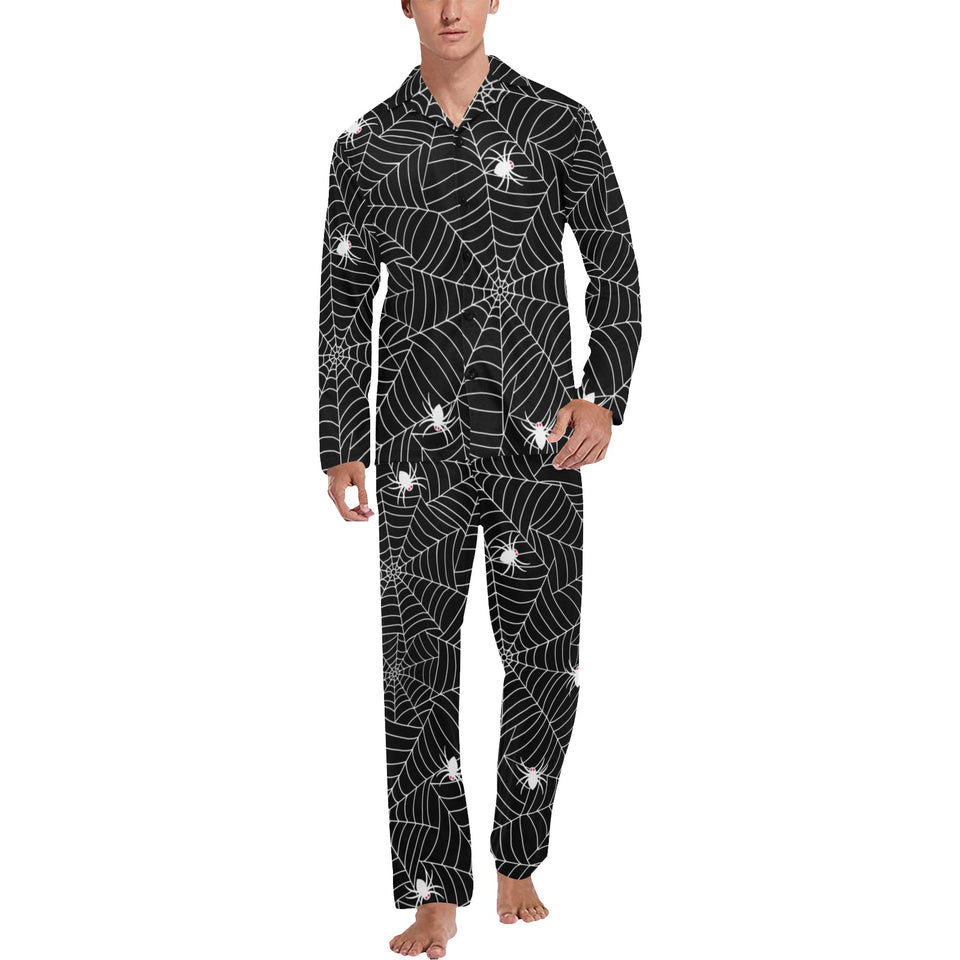 Spider web design pattern Black background white c Men's Long Pajama Set