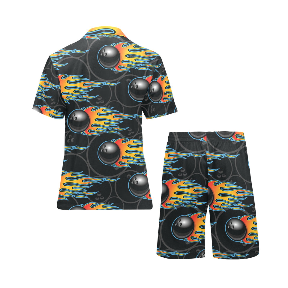 Bowling balls flame pattern Men's V-Neck Short Pajama Set