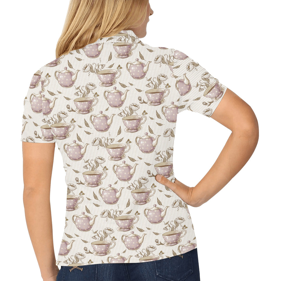 Tea pots Pattern Print Design 03 Women's All Over Print Polo Shirt