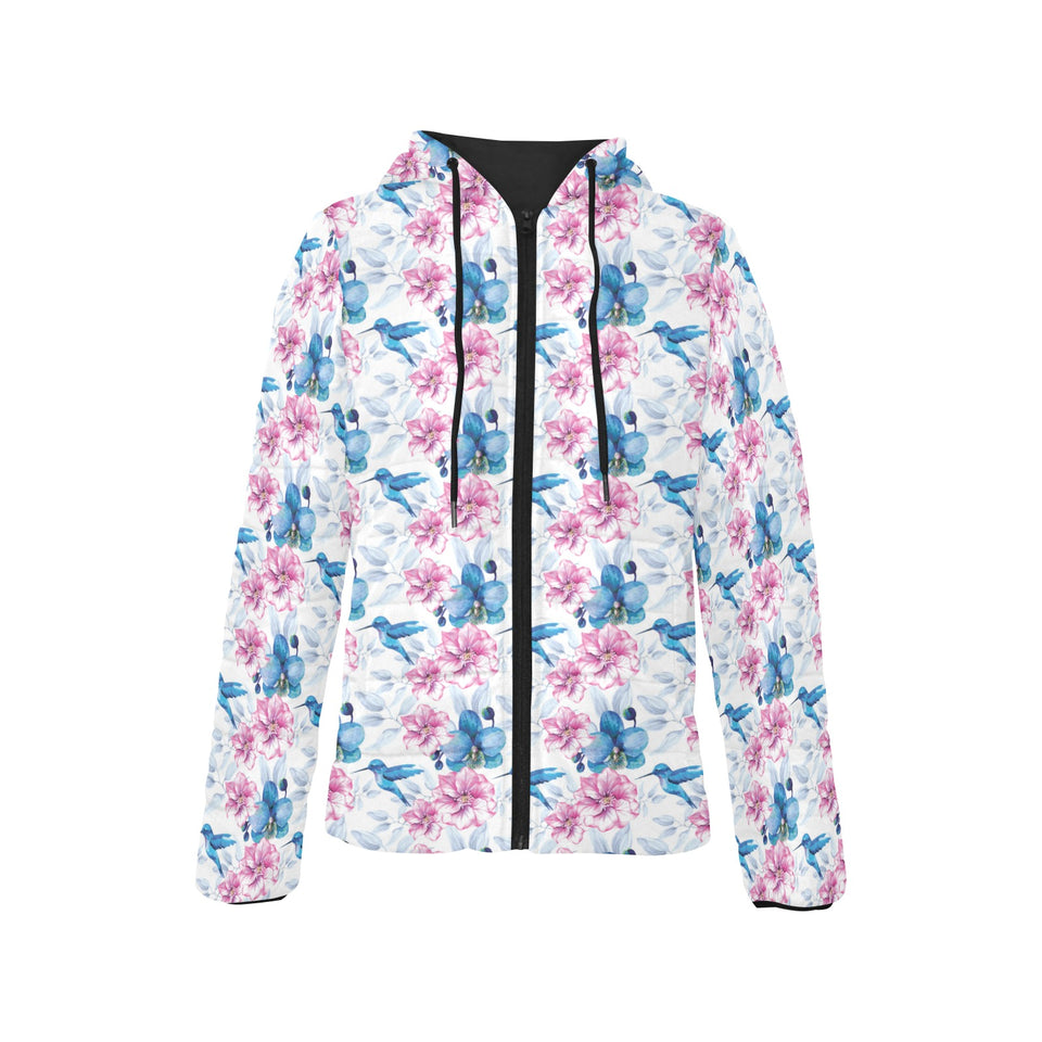Hummingbird Pattern Print Design 02 Women's Padded Hooded Jacket