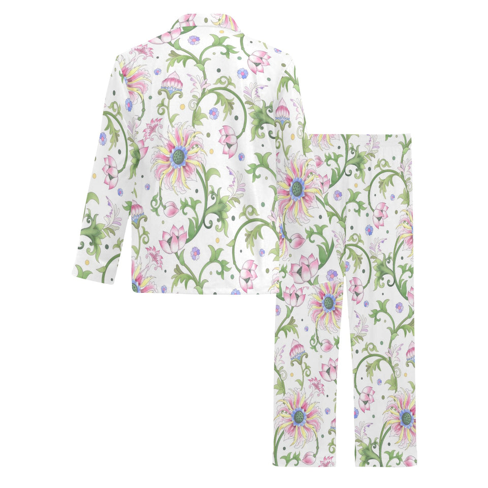 Beautiful pink lotus waterlily leaves pattern Men's Long Pajama Set