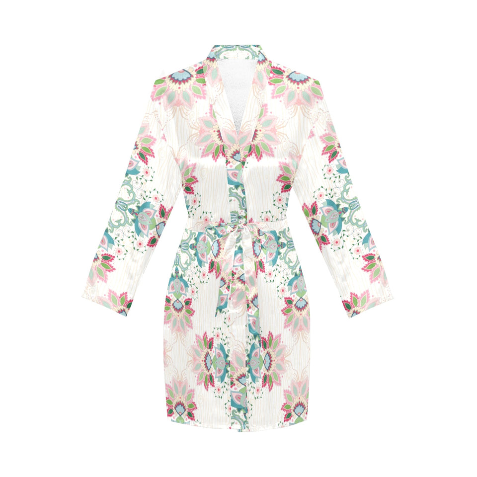 Square floral indian flower pattern Women's Long Sleeve Belted Night Robe