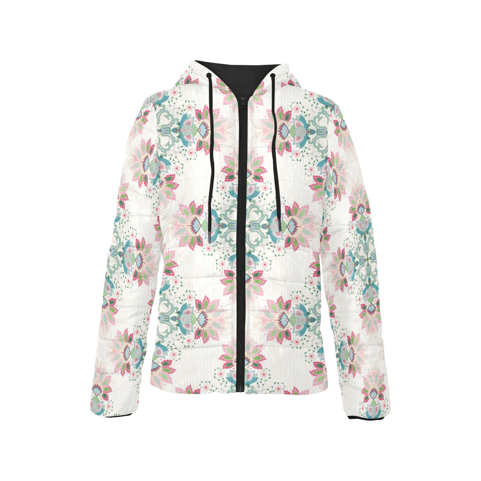 Square floral indian flower pattern Women's Padded Hooded Jacket