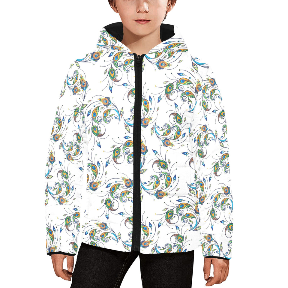 Peacock feather pattern Kids' Boys' Girls' Padded Hooded Jacket