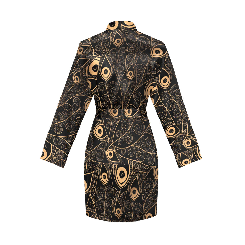 Gold peacock feather pattern Women's Long Sleeve Belted Night Robe