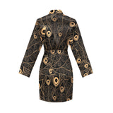 Gold peacock feather pattern Women's Long Sleeve Belted Night Robe