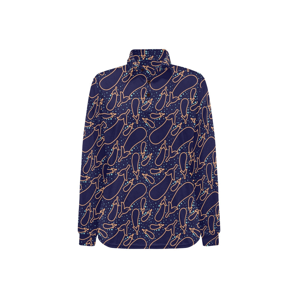 Eggplant Pattern Print Design 04 Women's Long Sleeve Polo Shirt