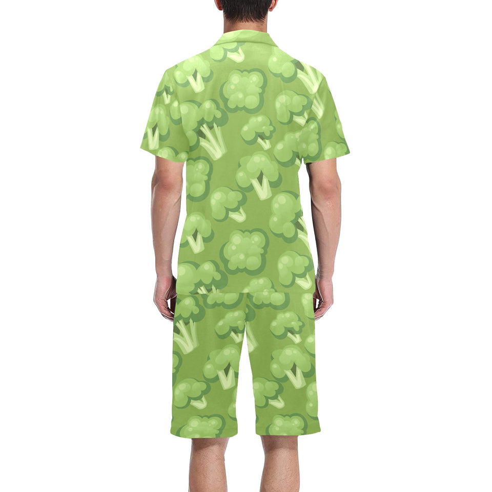 Broccoli pattern green background Men's V-Neck Short Pajama Set