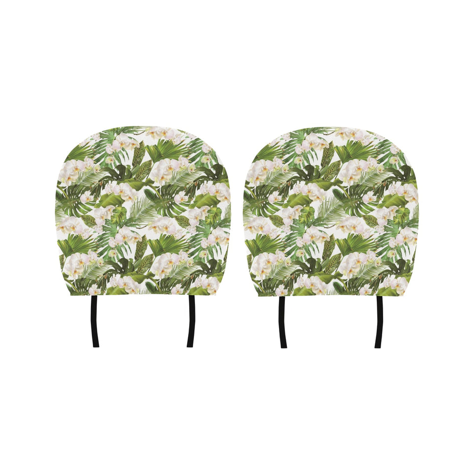 White orchid flower tropical leaves pattern Car Headrest Cover