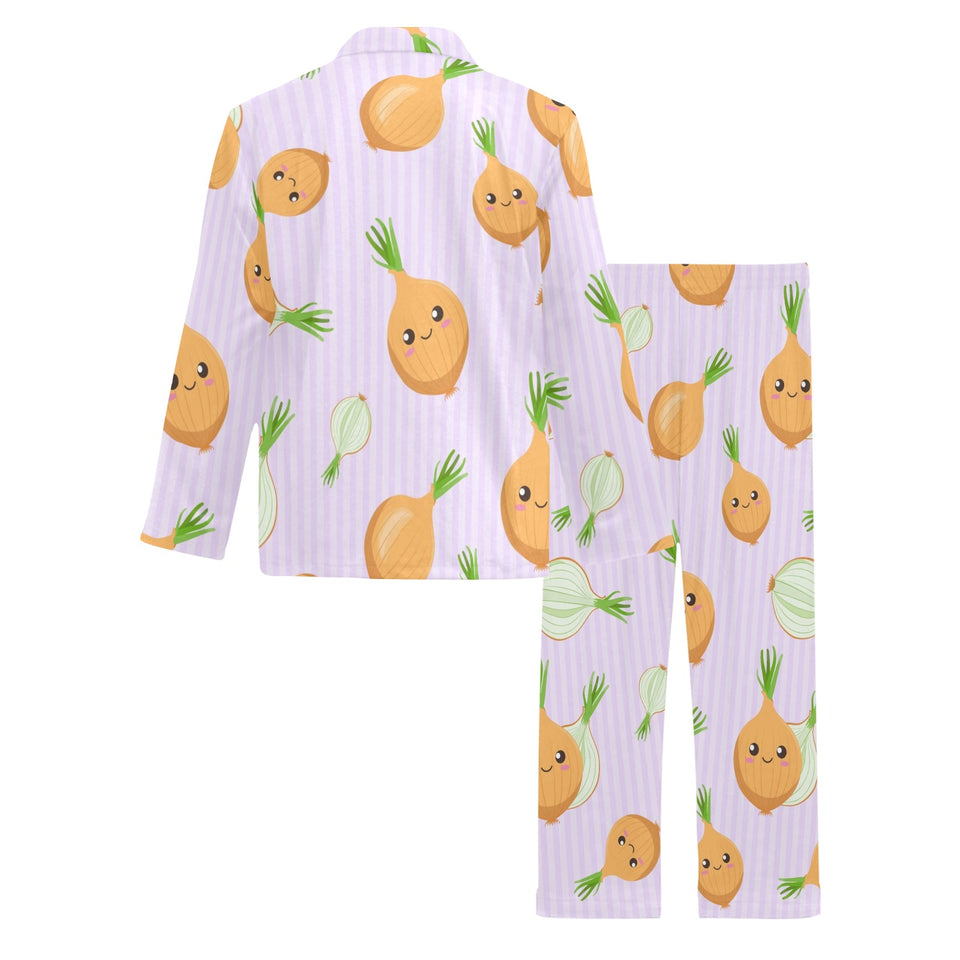 cute onions smiling faces purple background Men's Long Pajama Set