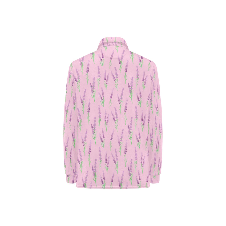 Lavender pattern pink background Women's Long Sleeve Polo Shirt