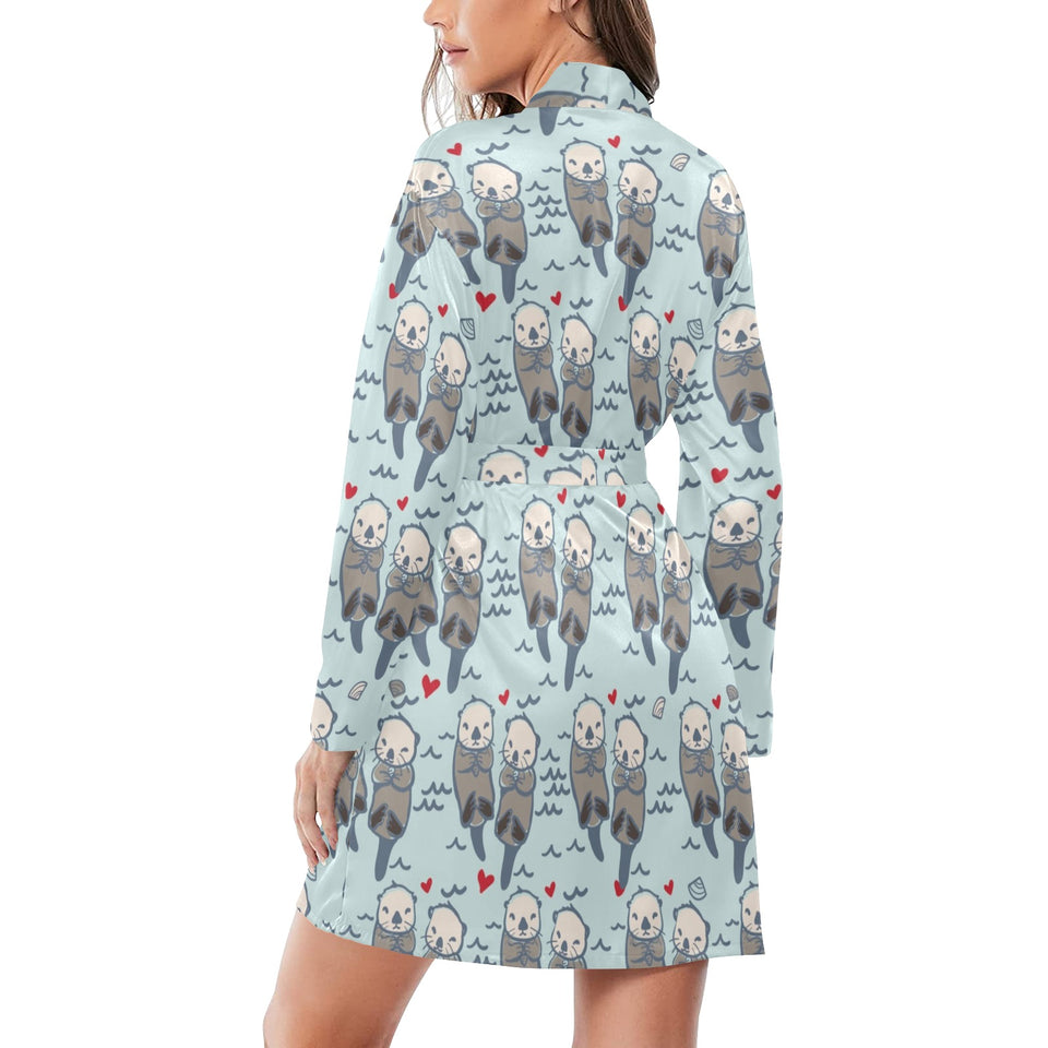 Lovely Sea Otter Pattern Women's Long Sleeve Belted Night Robe