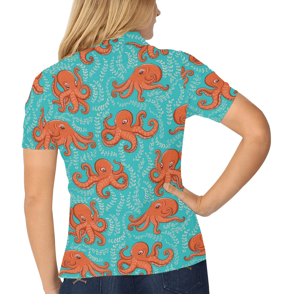 Octopus turquoise background Women's All Over Print Polo Shirt
