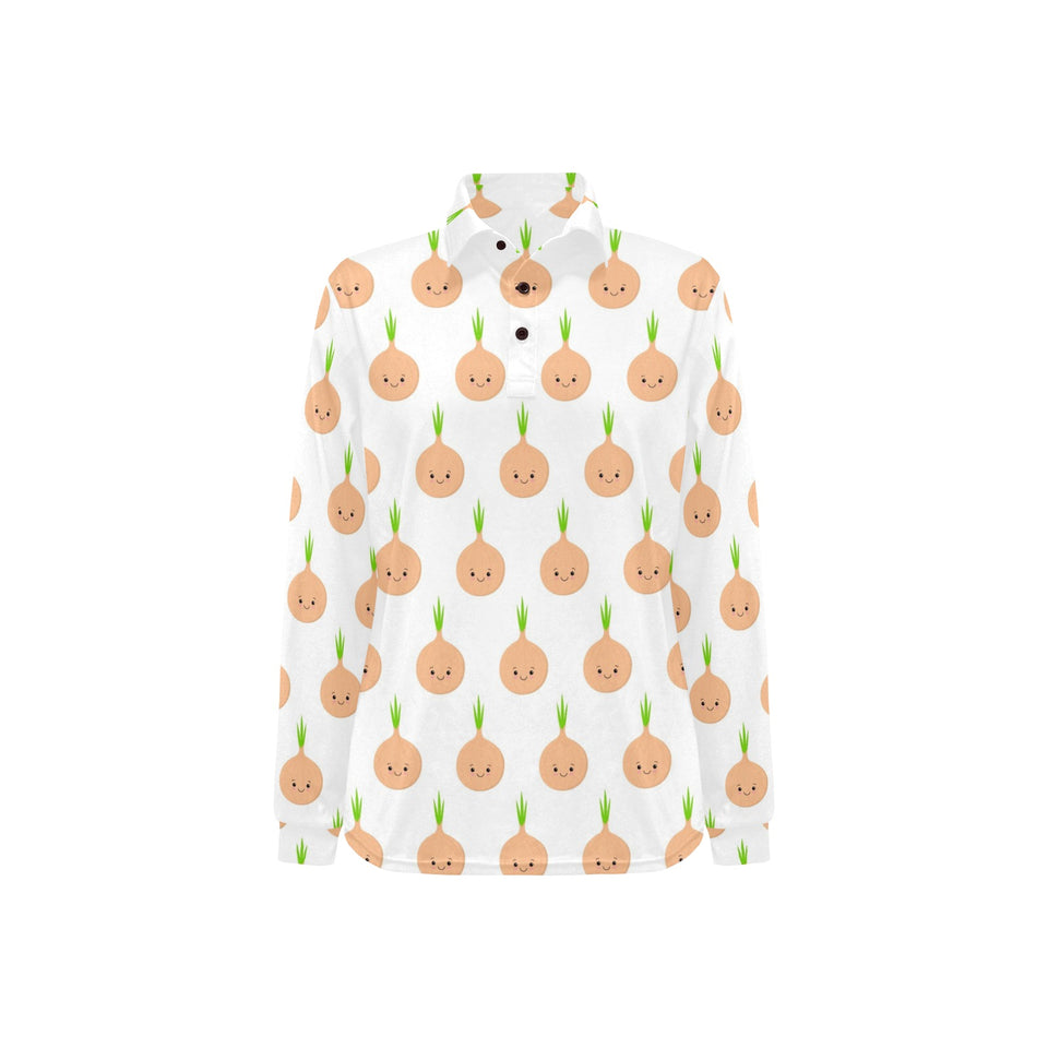 cute onions smiling faces Women's Long Sleeve Polo Shirt
