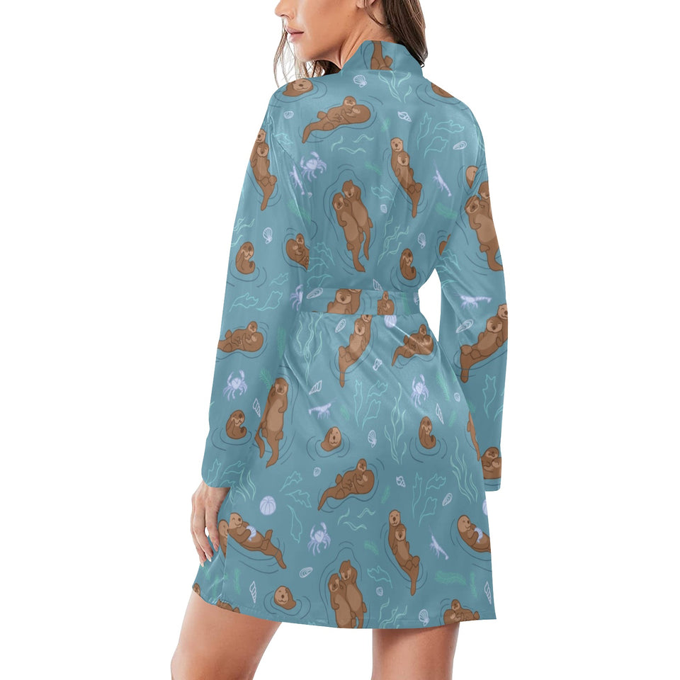Sea otters pattern Women's Long Sleeve Belted Night Robe