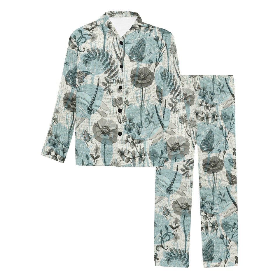 Dragonfly Butterfly Plants insect flower vintage s Men's Long Pajama Set