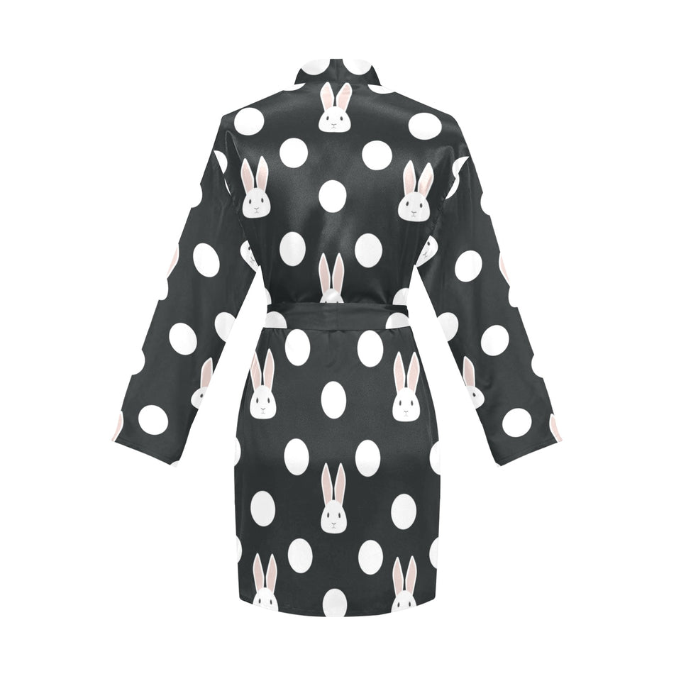 Cute white rabbit polka dots black background Women's Long Sleeve Belted Night Robe