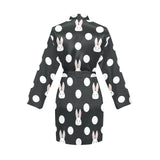Cute white rabbit polka dots black background Women's Long Sleeve Belted Night Robe