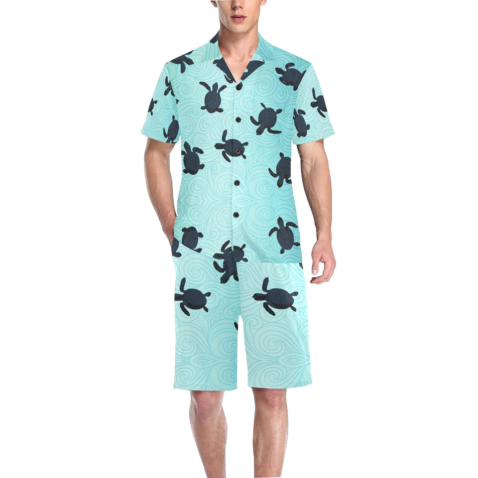 Sea turtle with blue ocean backgroud Men's V-Neck Short Pajama Set