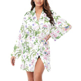 Beautiful pink lotus waterlily leaves pattern Women's Long Sleeve Belted Night Robe
