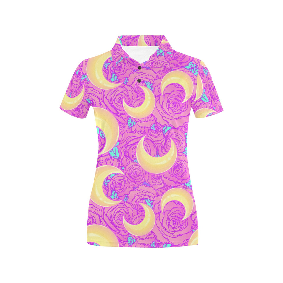 Moon pink rose background Women's All Over Print Polo Shirt