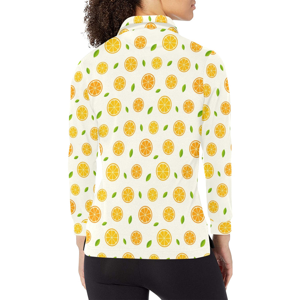 oranges leaves pattern Women's Long Sleeve Polo Shirt