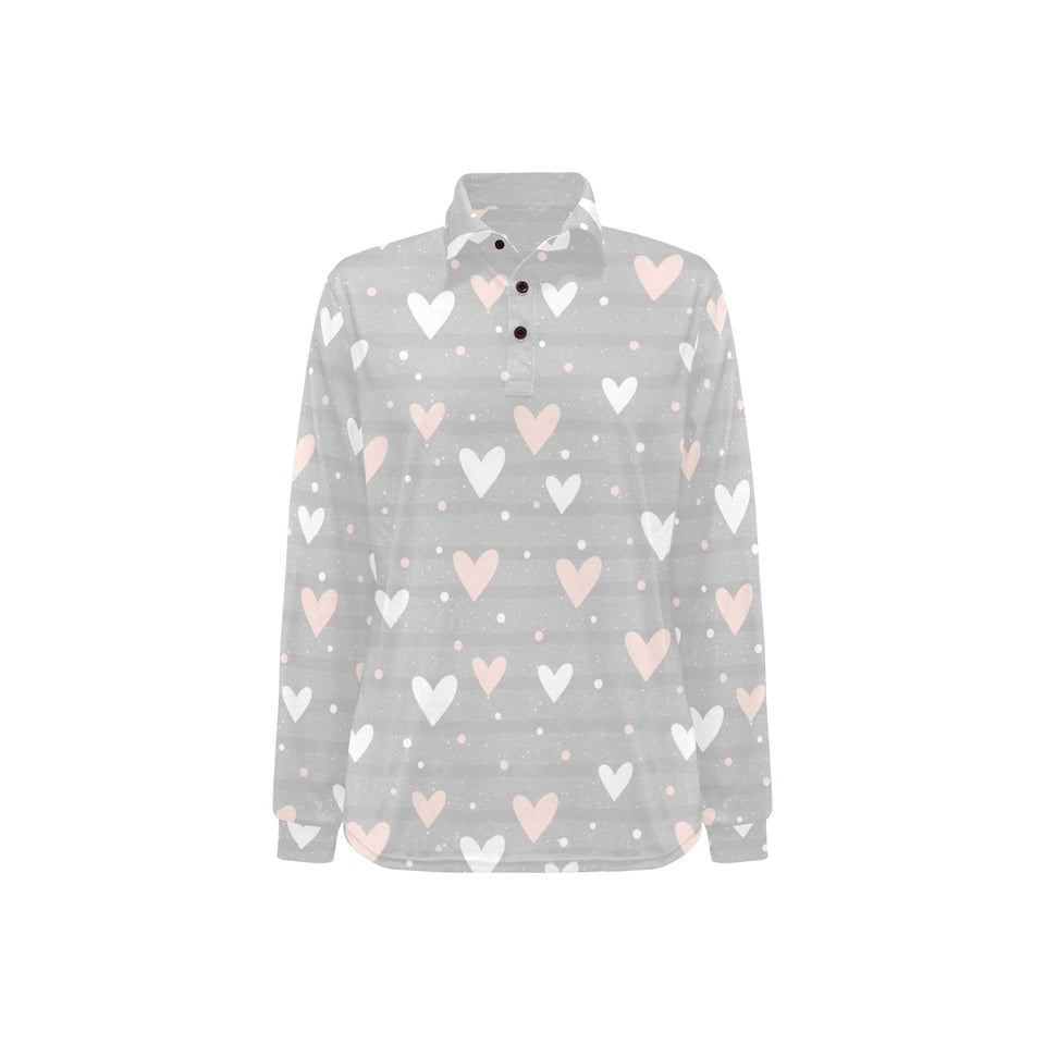 Heart pattern gray background Women's Long Sleeve Polo Shirt