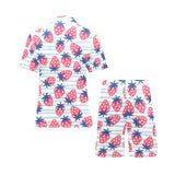 Strawberry pattern blue lines background Men's V-Neck Short Pajama Set