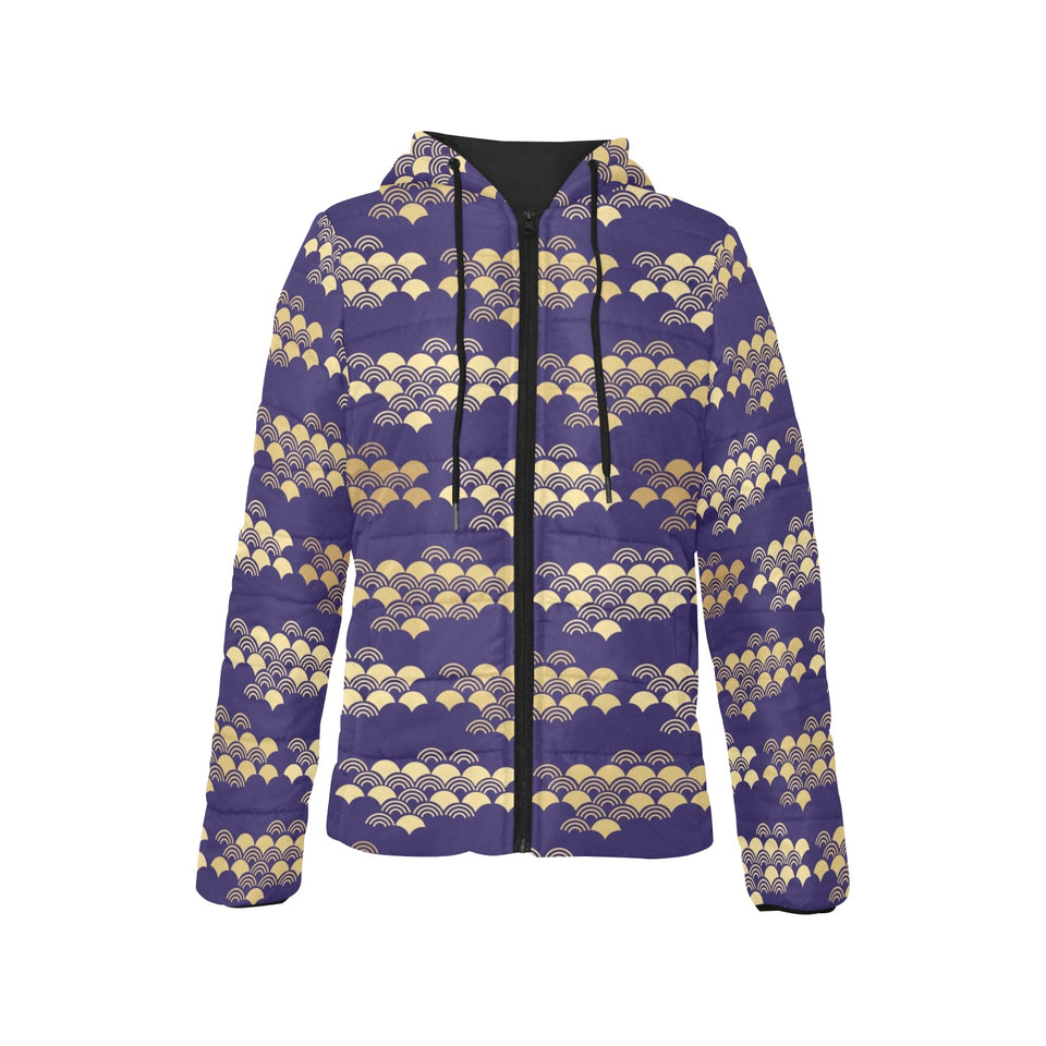 Beautiful japanese fan pattern Women's Padded Hooded Jacket