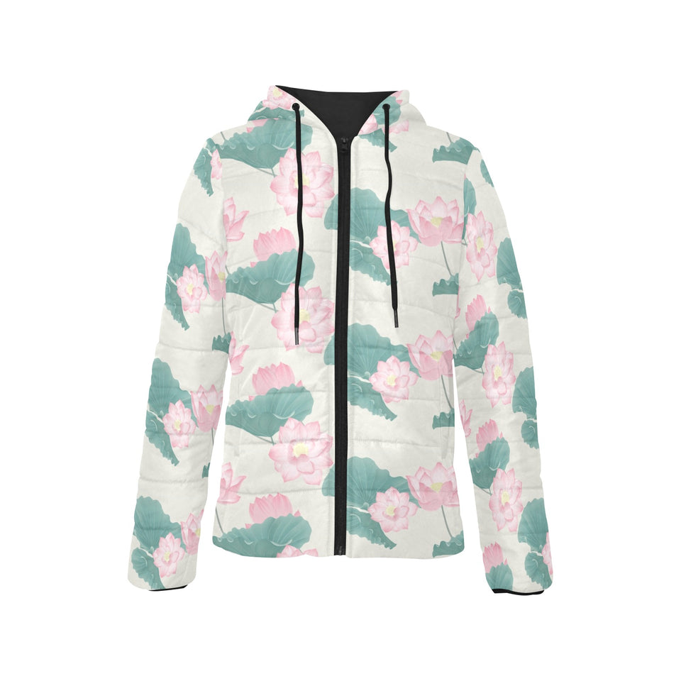 Pink lotus waterlily leaves pattern Women's Padded Hooded Jacket