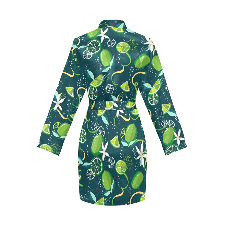 Lime ice flower pattern Women's Long Sleeve Belted Night Robe