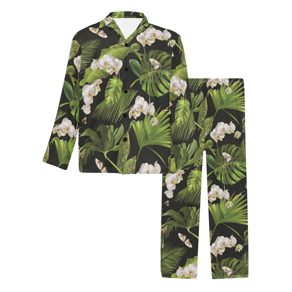 White orchid flower tropical leaves pattern blackg Men's Long Pajama Set