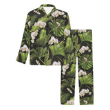 White orchid flower tropical leaves pattern blackg Men's Long Pajama Set