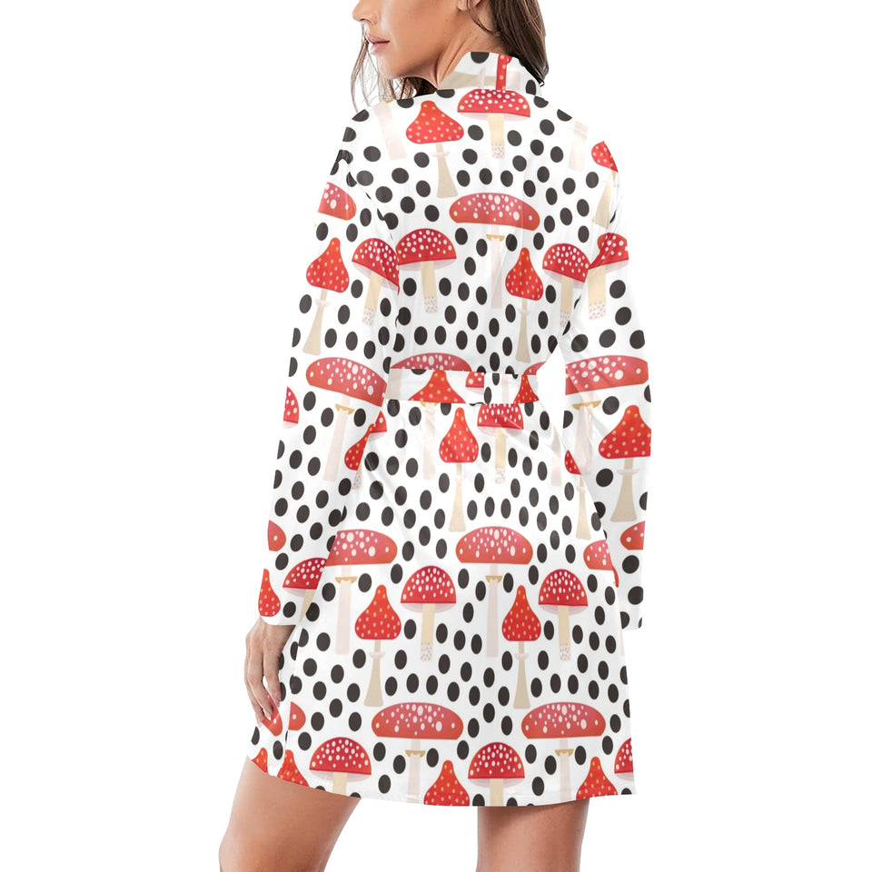 Red mushroom dot pattern Women's Long Sleeve Belted Night Robe