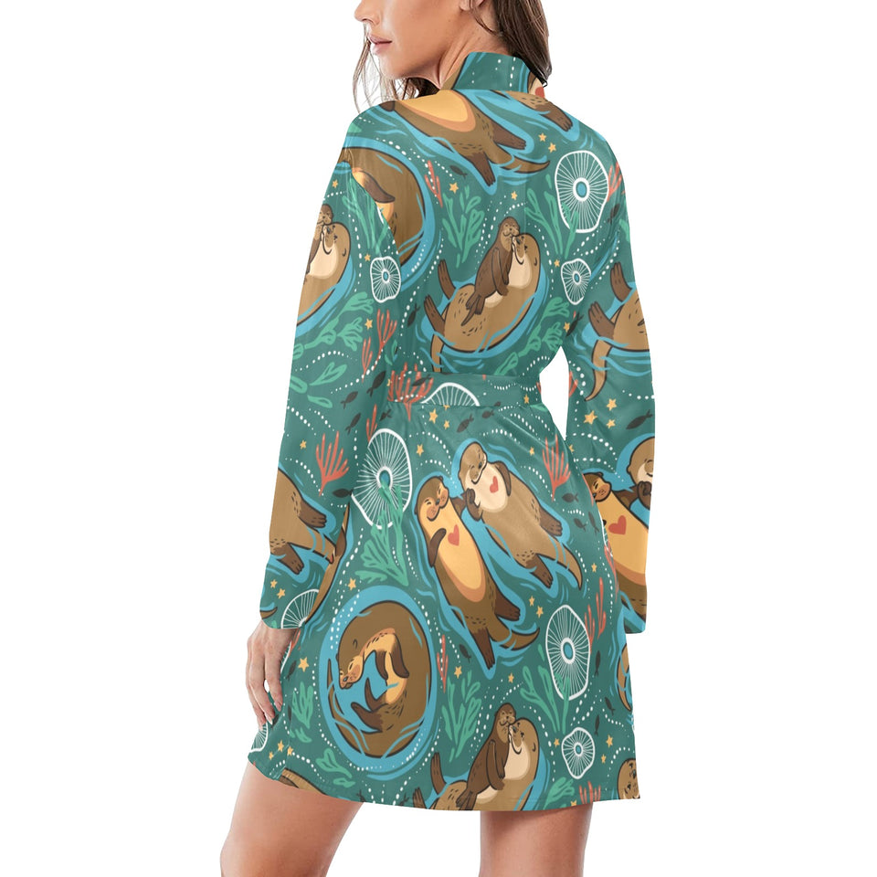 cute brown sea otters ornamental seaweed corals gr Women's Long Sleeve Belted Night Robe