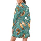 cute brown sea otters ornamental seaweed corals gr Women's Long Sleeve Belted Night Robe