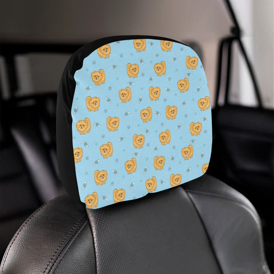 Brown cute pomeranian blue blackground Car Headrest Cover