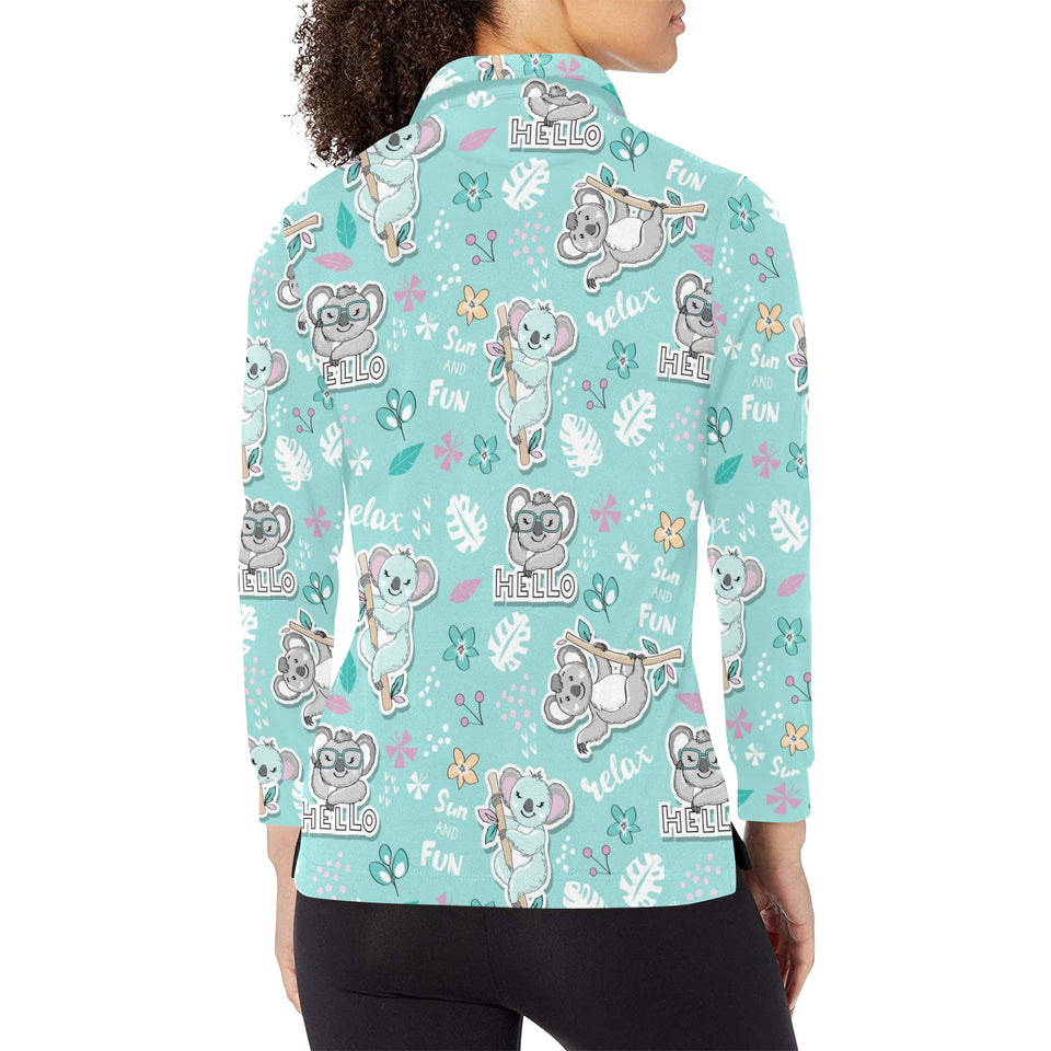 Cute koalas blue background pattern Women's Long Sleeve Polo Shirt