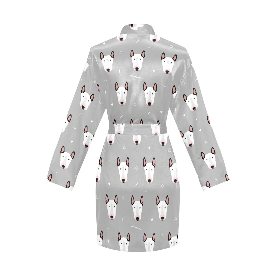 Bull Terrier Pattern Print Design 05 Women's Long Sleeve Belted Night Robe