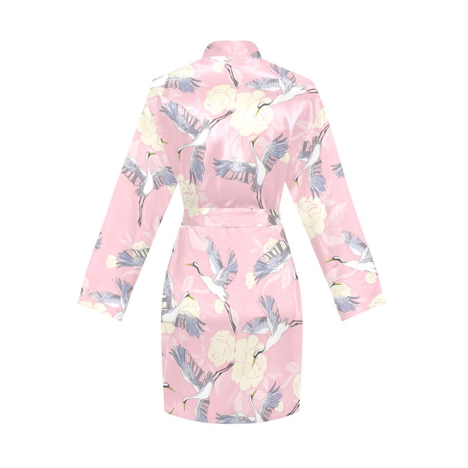 Japanese crane rose pattern Women's Long Sleeve Belted Night Robe