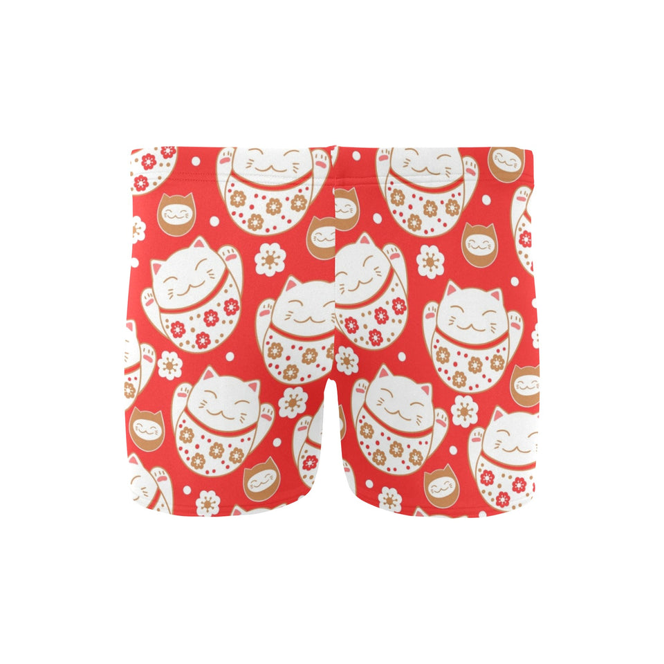 Cute Maneki neko cat red background Men's Swimming Trunks
