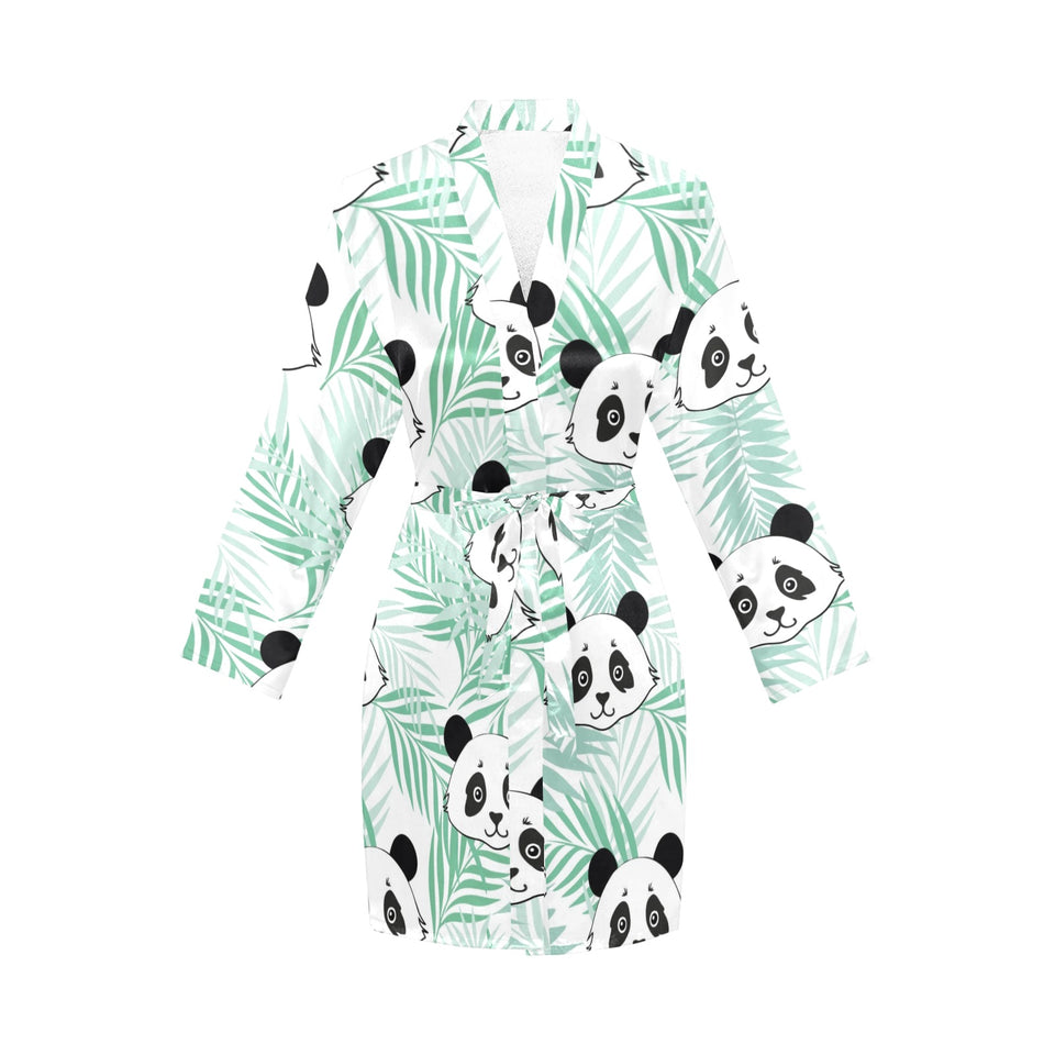 Panda pattern tropical leaves background Women's Long Sleeve Belted Night Robe