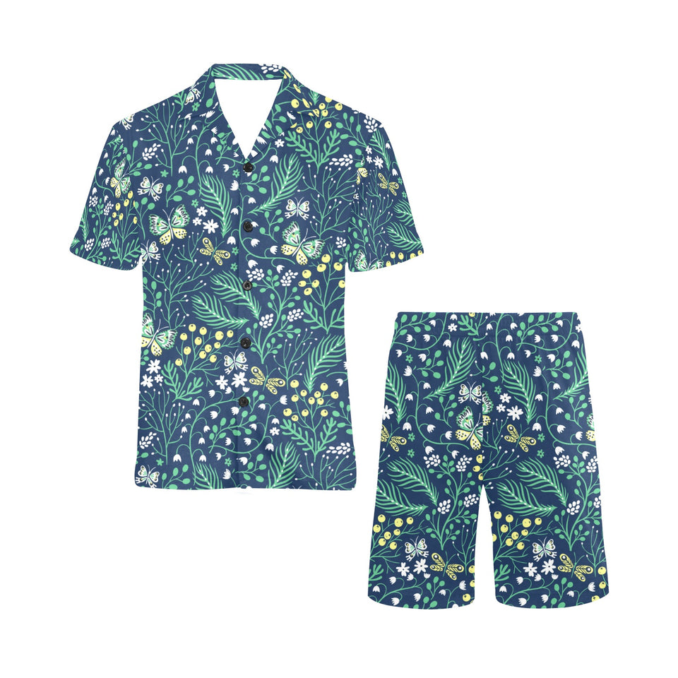 butterfly leaves pattern Men's V-Neck Short Pajama Set