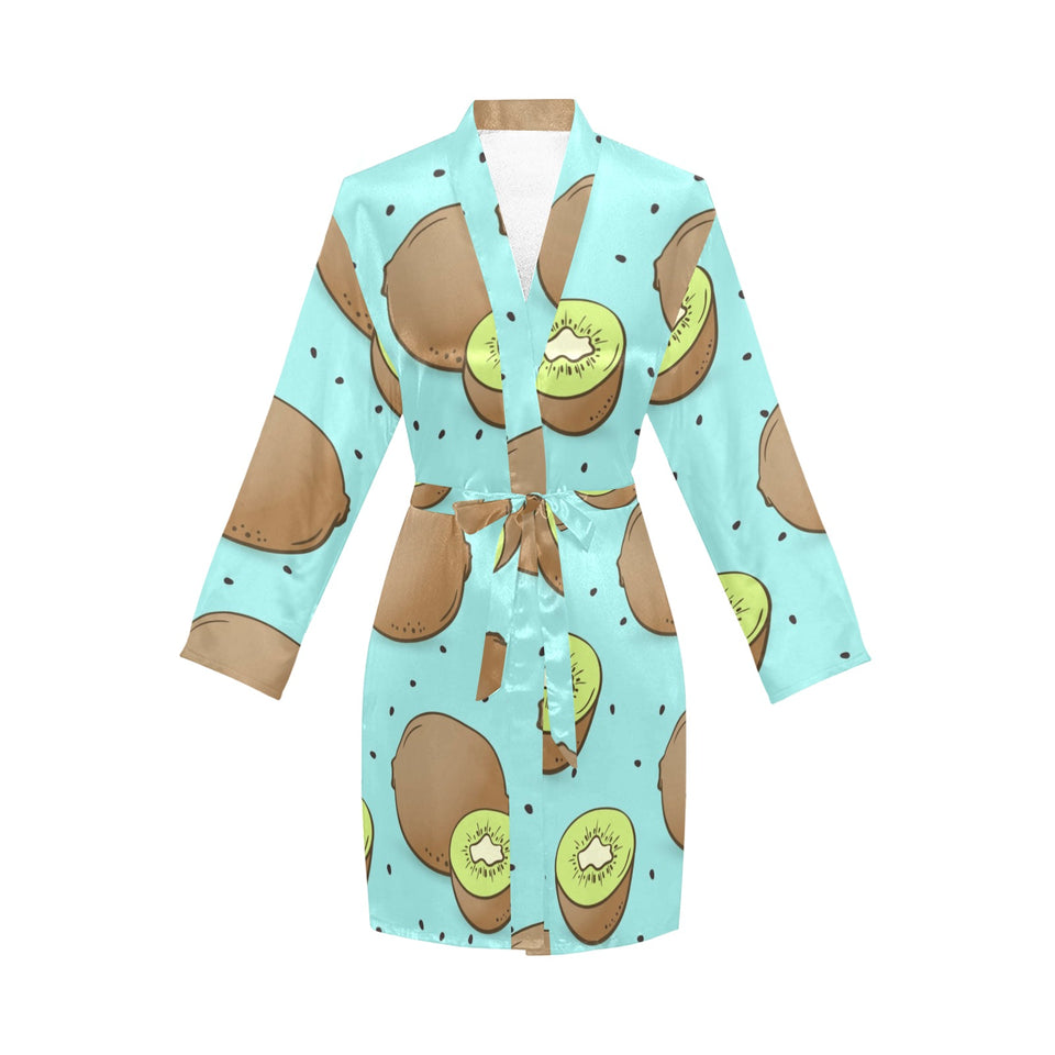 Kiwi blue background Women's Long Sleeve Belted Night Robe