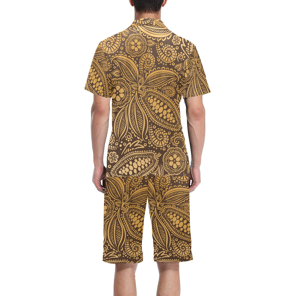 cacao beans tribal polynesian pattern background Men's V-Neck Short Pajama Set