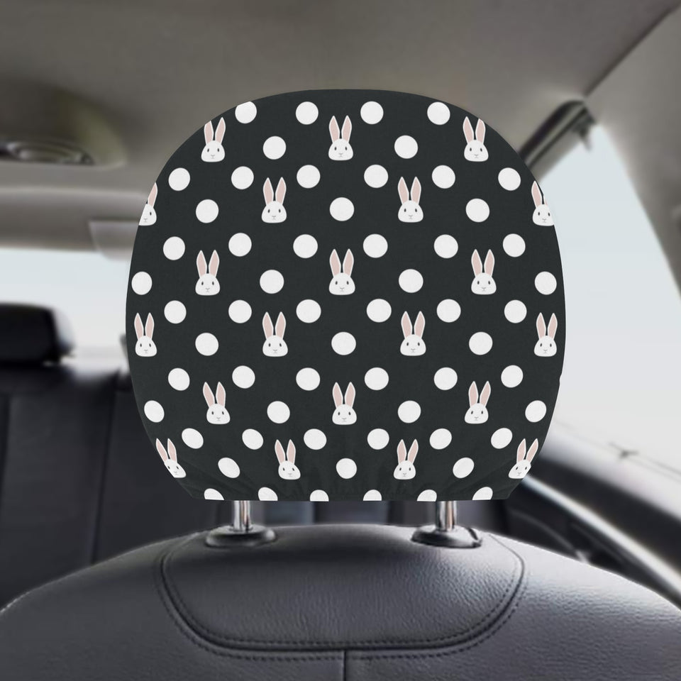 Cute white rabbit polka dots black background Car Headrest Cover